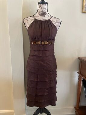 Cache Y2K Shimmering Copper Brown Halter Dress ~ Jewel Waist ~ Tiered ~ 2